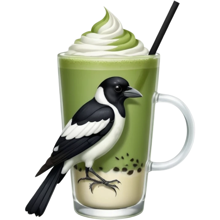  ONE Australien Magpie (just black and white feathers) sitting on an iced matcha latte on the edge of the glass. magpie has green matcha on its beak. matxha latte is in a see through glass and white from the oat milk on the bottom and green without seeds on top… one straw & ice cubes emoji