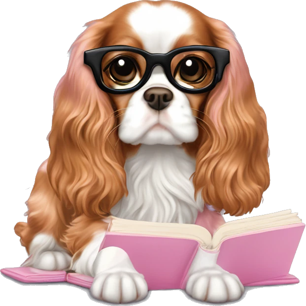 Cavalier King Charles Spaniel with gold eye glasses reading baby pink book emoji