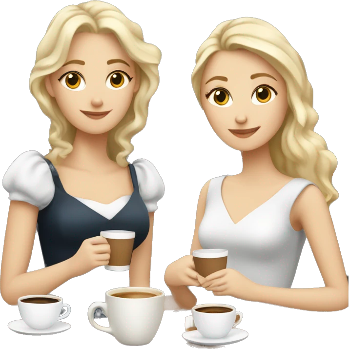 Four beautiful white european girls, one with blond hair and two dark blond hair in dresses have coffee emoji