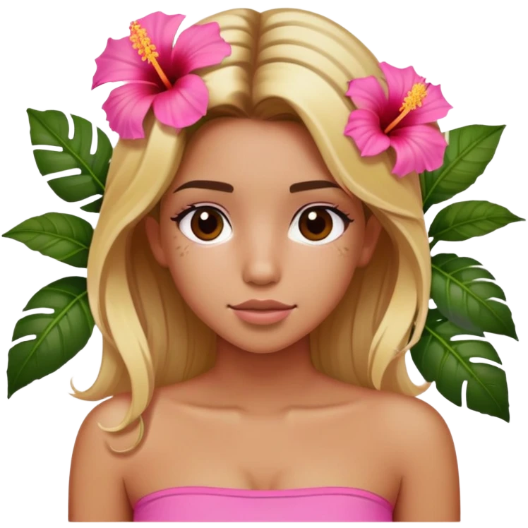 tan girl with blonde hair and brown highlight streaks with a hibiscus flower in her hair wearing a pink tube top with tan lines showing emoji
