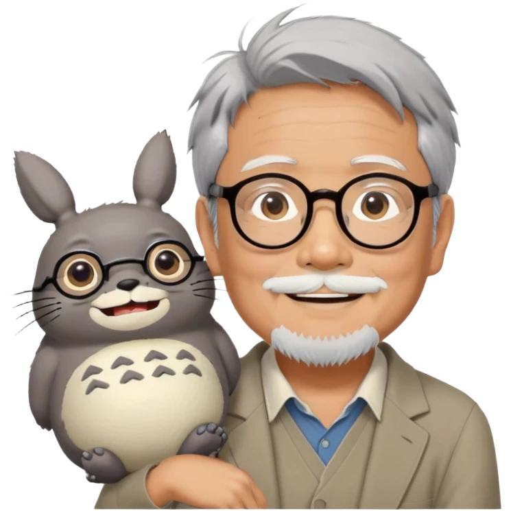 _cinematic-realistic-portrait-of-hayao-miyazaki,-depicted-with--large-rectangular-glasses,-his-happy-expression-rendered-in-lifelike-detail,-illuminated-with-soft,-realistic-lighting-that-emphasizes-his-creative-genius, with totoro sitting on this shoulder  emoji