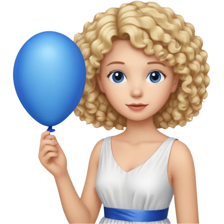 Woman curly blonde with blue balloon, white dress emoji