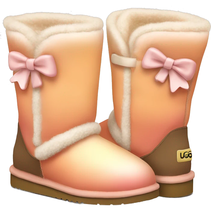 Realistic pair of cream to peach ombre Ugg fur boots with bows. emoji