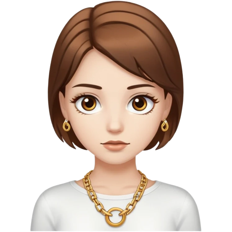 White-skinned girl with brown hair, brown eyes, and long eyelashes wearing a white top and a gold chain  emoji
