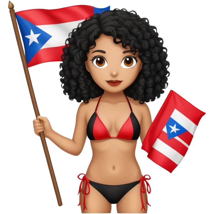 Tan skin girl with black curly hair holding a Puerto Rican flag while wearing a bikini emoji