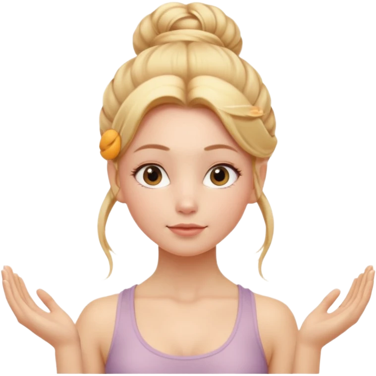 Cinematic Realistic Yoga Girl Portrait, depicted with lifelike skin texture, subtle rosy undertones, and soft natural lighting that enhances the gentle contours of her face. Her intricately detailed golden blonde hair is elegantly styled in an updo, emoji