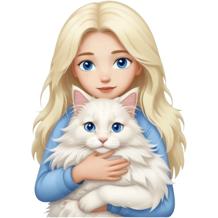 blonde girl blue eyes hugging a white Maine Coon emoji