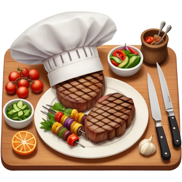 icon featuring a chef’s hat, a cutting board with fresh ingredients, a knife, a beautifully cooked ribeye steak, shashlik skewers, and a plate of food in the making. The design captures the passion of cooking with warm, inviting colors, and realistic textures. Transparent background. emoji