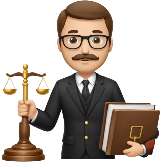 “Create a clean, modern emoji-style illustration of a male lawyer. He is wearing a formal suit jacket. He is holding a judge’s gavel (QUE SE VE DE COSTADO) in one hand and has a law book tucked under his arm. He has a mustache and beard (BARBA)!, and GLASSES emoji
