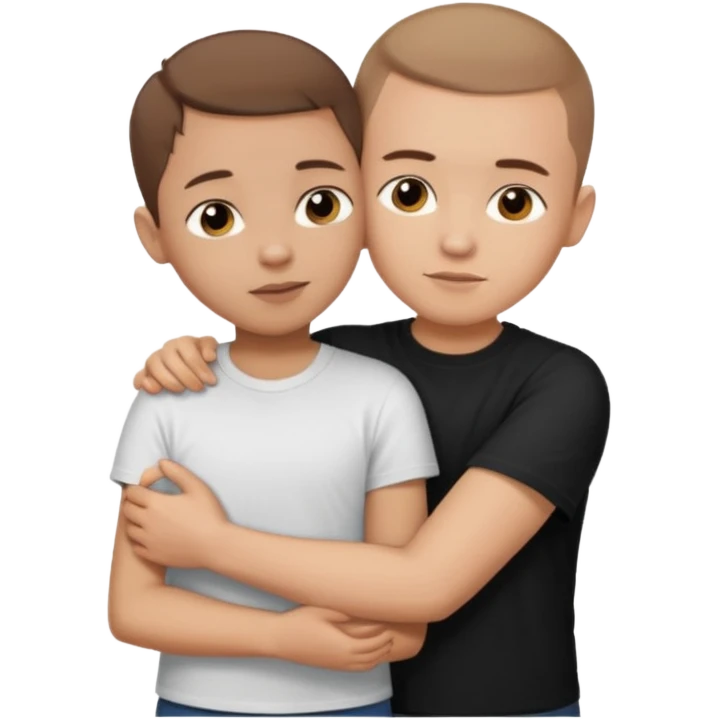 boy in a white t shirt with a brown buzz cut hair hugging a little shorter girl with long straight brown hair in a black shirt  emoji