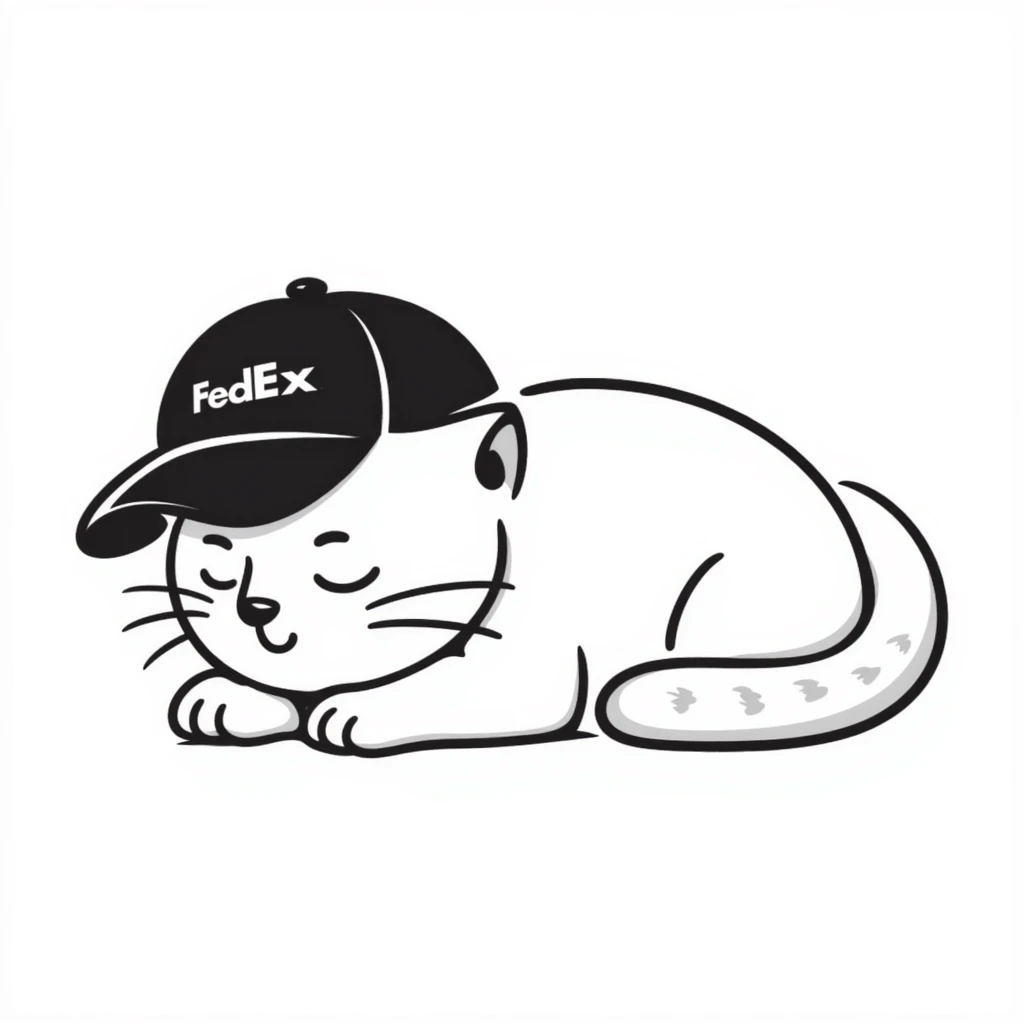 emoji of sleeping cat, its pose is lying, it has on his head FedEx uniform cap emoji