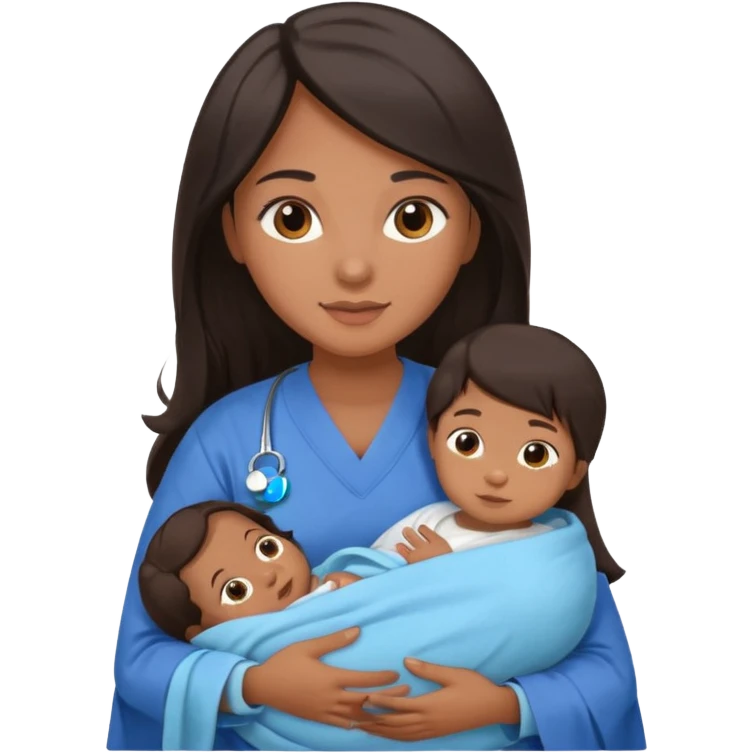 Female nurse with long dark hair with medium brown skin and brown eyes holding a baby emoji