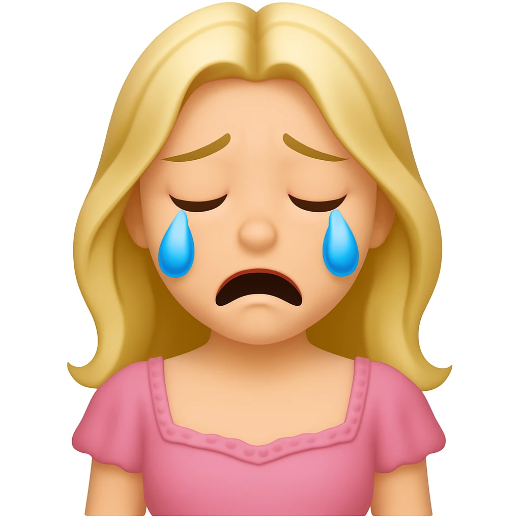 Create an iOS emoji style blonde woman with long hair and pale green eyes, crying expression, based on the appearance in the reference image. emoji