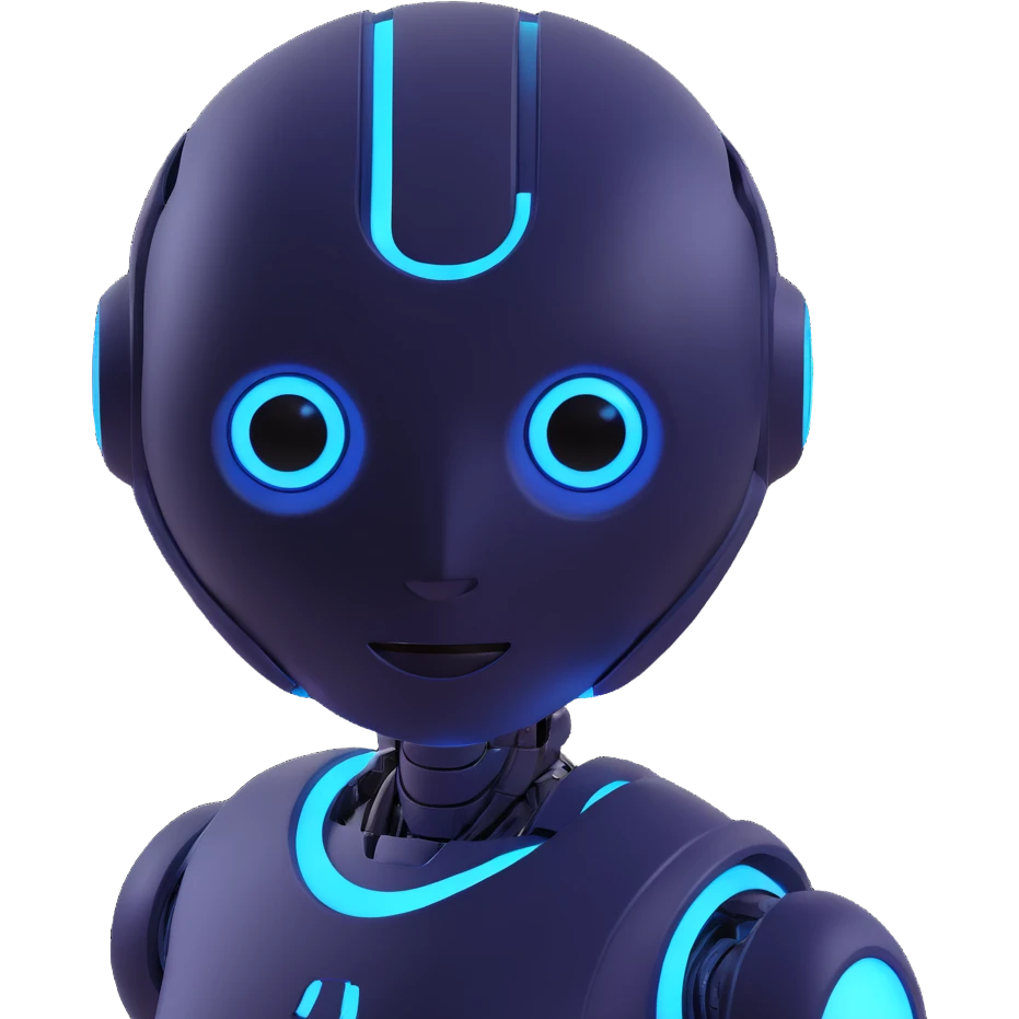 friendly futuristic AI bot with a digital face, glowing blue eyes, simple robot body emoji