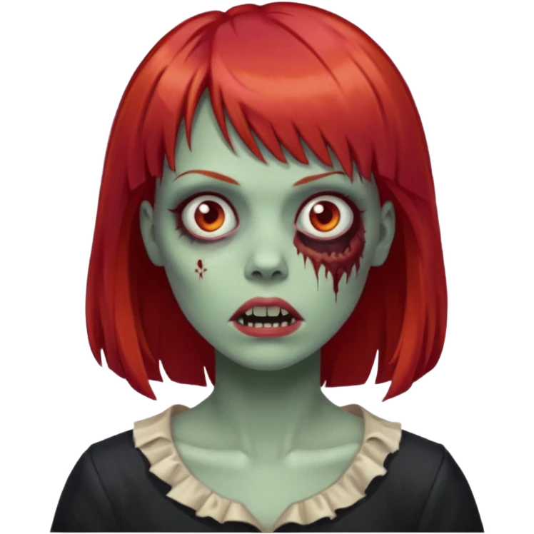 Mulher zombie com cabelos vermelho com franja emoji