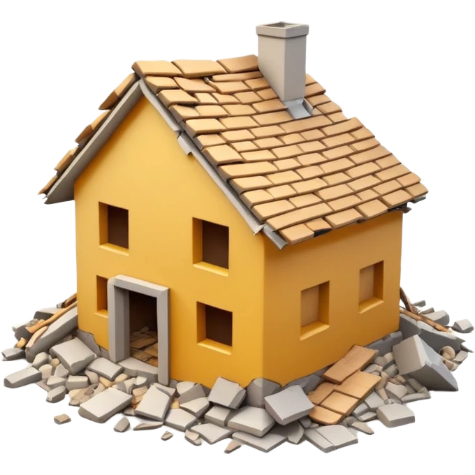 3D iPhone style emoji of a completely destroyed house, heavily damaged, collapsed into rubble, broken walls and roof scattered into debris, isolated on white background, soft shadows, high detail, playful and cute. emoji