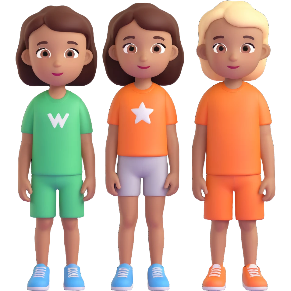 Slightly increase the volume of the upper body of the girl, separate the girl and the boy from each other, and make the skin color the same for both characters. Maintain the cartoonish 3D style. emoji
