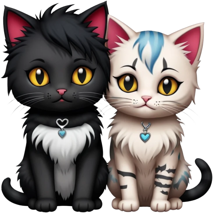 two big emo cats in love with extra emo details such as tattoos, piercings, dramatic hair, plus five emo kittens emoji