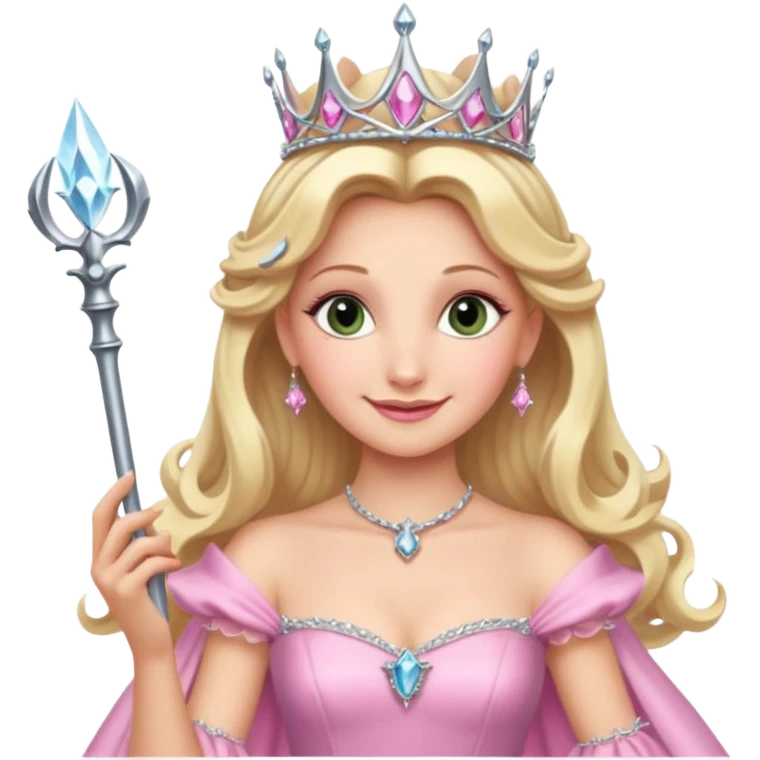 glinda the good witch from wicked movie, blonde hair, beautiful, big silver thin tiara, wand, pink gown emoji