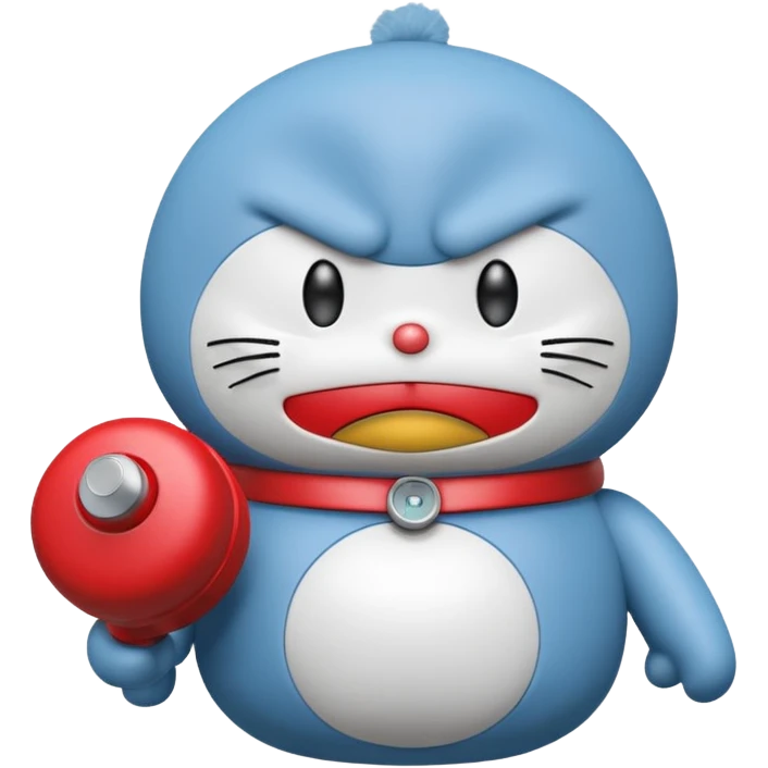 Red angry doraemon plush holding a nuke button emoji
