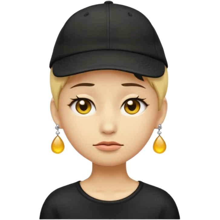 Create me an emoji like that, sad, with earrings, a black cap backwards, yellow skin like an emoji, and short hair down to the nape of my neck. emoji