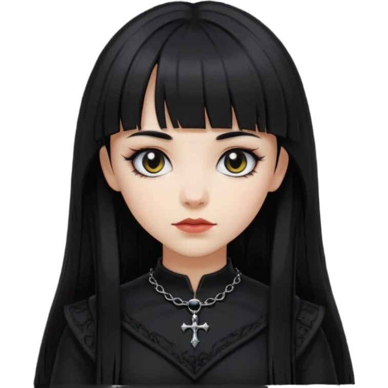 generate an image of a girl with long black hair, caucasian and wearing gothic black clothes. Her bangs is very short emoji