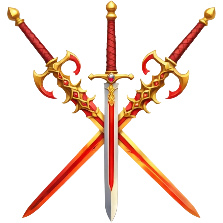 Two crossed swords that are golden in blade and handle and have fiery and royal appearence to them as well as red gem stones yellow in color emoji