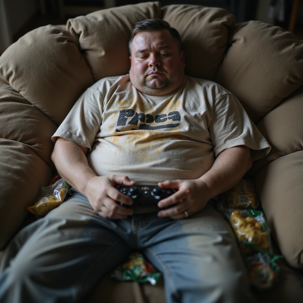 hyperrealistic 4K image of an overweight man in a stained t-shirt melting into the crevices of a couch, gaming controller dangling from limp hands, empty snack bags forming a nest around him, messy and lethargic atmosphere, visible exhaustion emoji