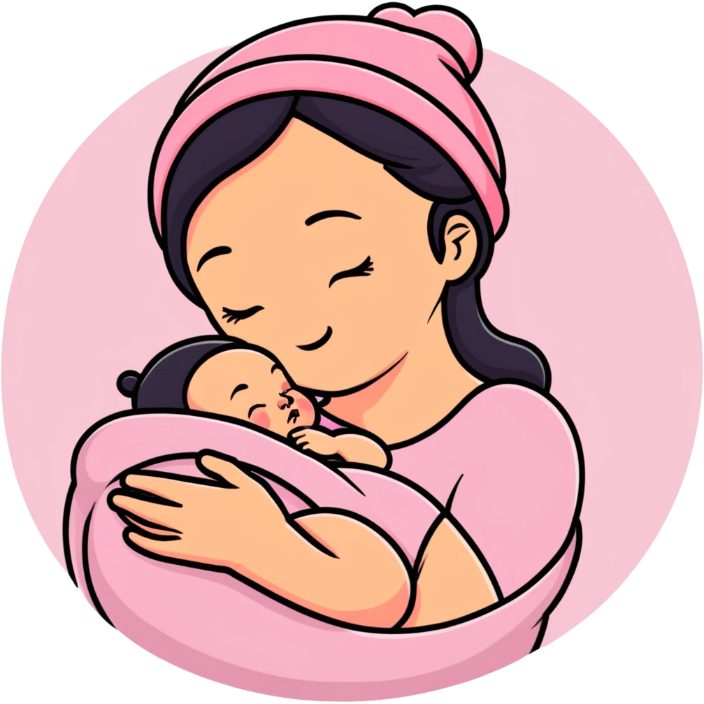 mother tenderly holding sleeping newborn baby wearing pink knit hat emoji