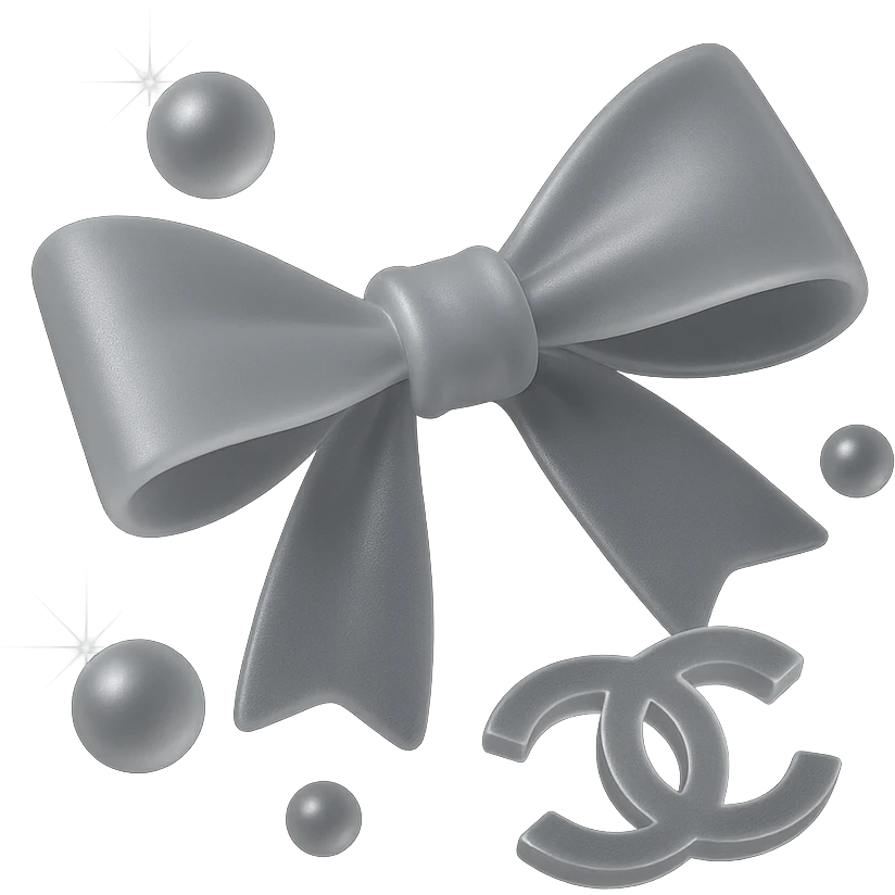 elegant bow with pearls and gold Chanel logo, sparkling effects, glossy, monochrome emoji