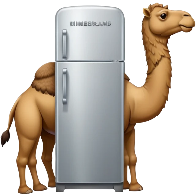 A silver refrigerator with doors as the body, a brown camel head with a hump on top, and tan Timberland boots on the bottom emoji