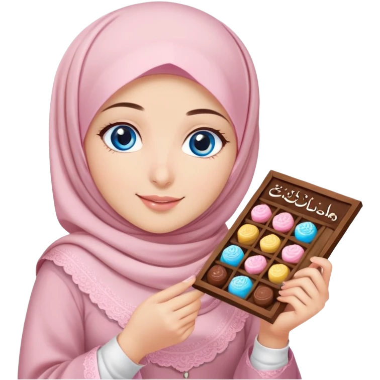 Turkish beautiful finish Konya girl blue eyes with powder pink brown hijab islamic dress and had on her hand text Eid Mubarak with sweets and celebrating with her friends eid days   emoji