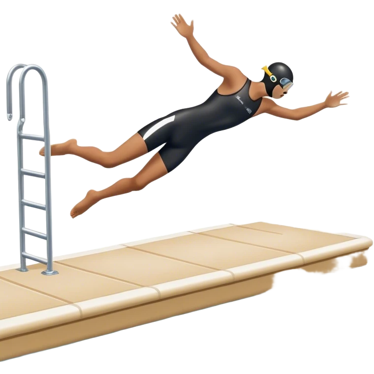 A diver mid-air after jumping off a head diving pool,  Below him, a pool labeled "Confidence". A subtle 5-4-3-2-1 on the diving board shows they took the leap despite fear. emoji