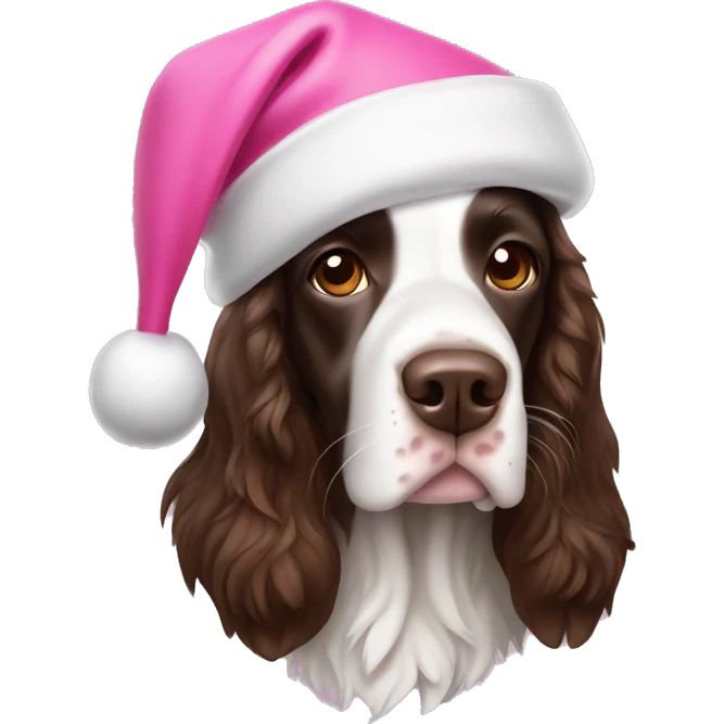 English Springer Spaniel wearing pink Santa hat emoji
