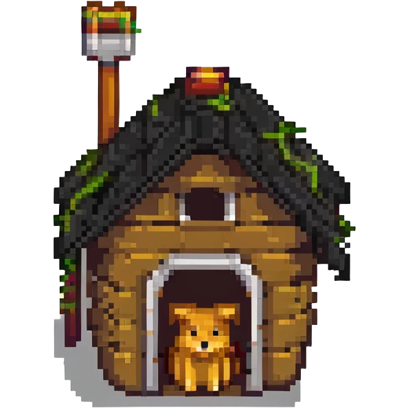 a pixel art broom in a doghouse emoji