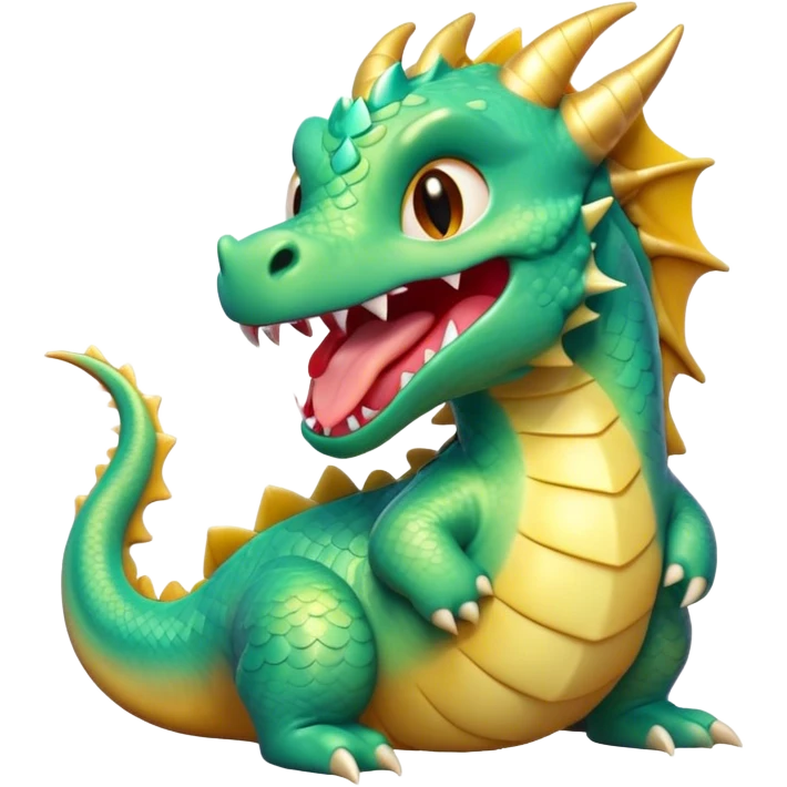 Cinematic Cute Yawning Dragon Portrait Emoji, Head tilted slightly with a dramatic, wide-open yawn, showcasing a soft, lustrous scaled body with gently drooping fins and half-closed, drowsy eyes, Simplified yet irresistibly adorable features, highly detailed, glowing with a soft, cozy mythical glow, high shine, relaxed yet expressive, stylized with a dash of fantastical charm, soft glowing outline, capturing the essence of a sleepy yet affectionate dragon that seems ready to stretch out and rest in its enchanted lair! emoji