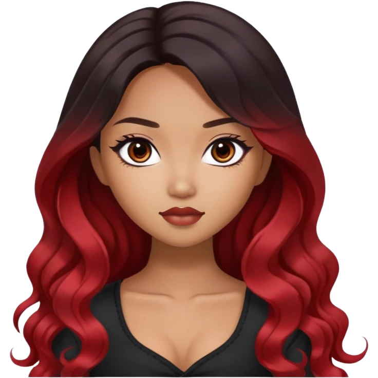 black ombre to red long wavy hair, dark brown eyes, asian pretty bratz baddie emoji