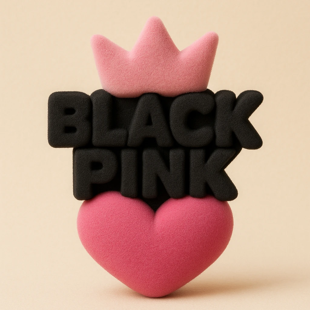 BLACKPINK-inspired object, black and pink colors, fuzzy and collectible toy appearance, flocked toys style emoji