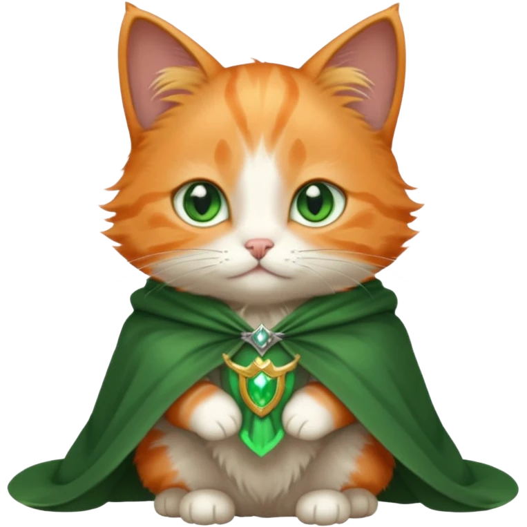 baby orange cat green eyes, in magic silver cloak emoji