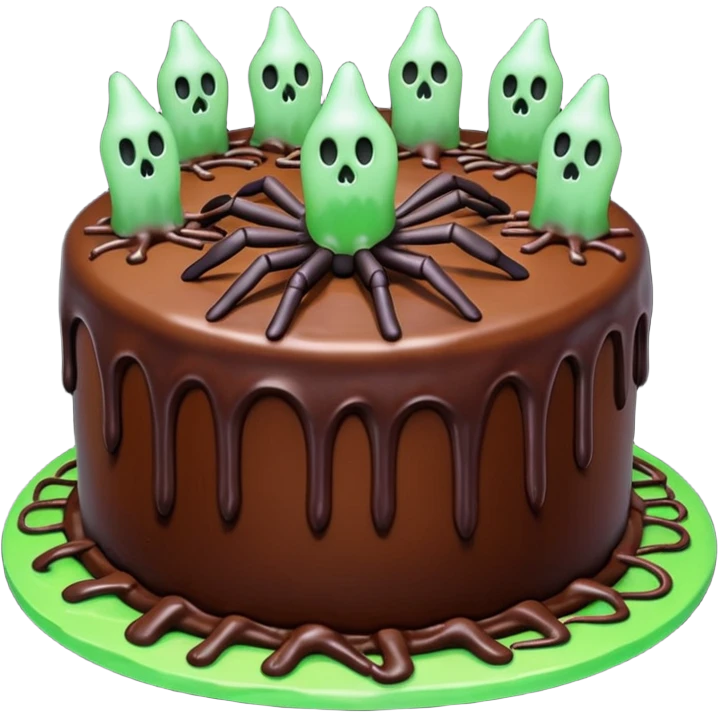 Chocolate Halloween cake with spiders and ghosts on top with webs on the side and green glowing frosting dripping down the sides  emoji