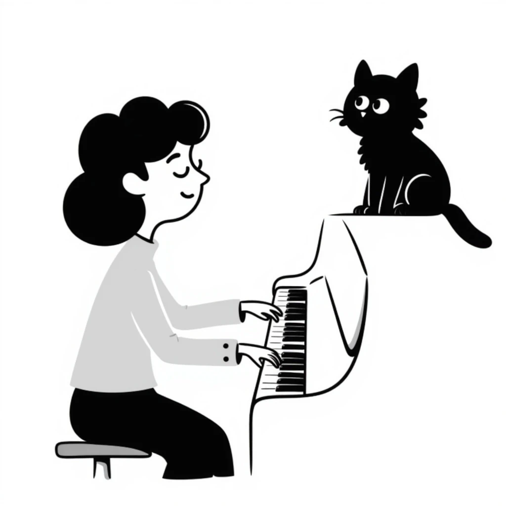 woman playing piano while her cat sits on top of the piano emoji