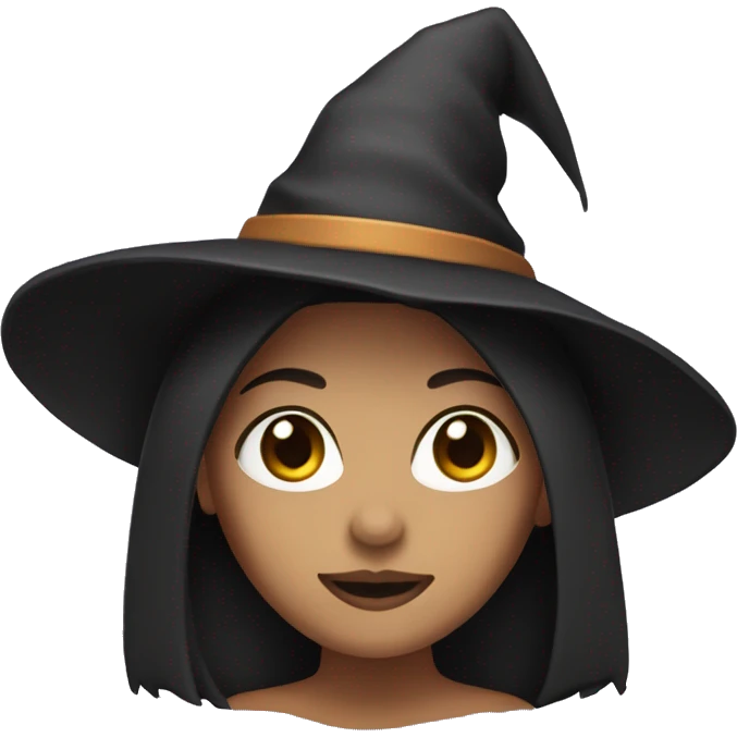 Woman with dark straight hair, hazel eyes, light skin and a witch hat emoji