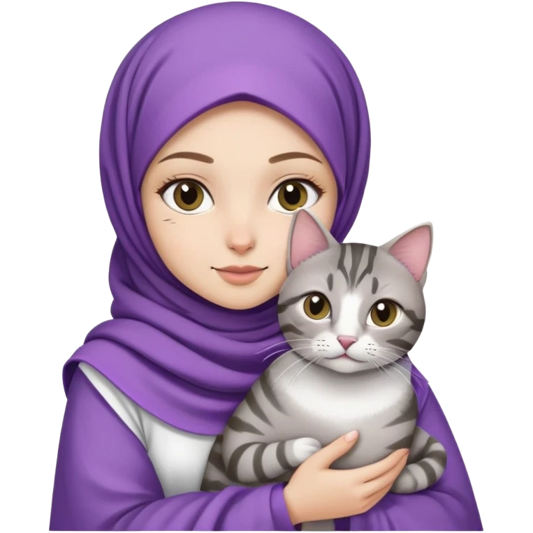 White girl wearing purple hijab with white dress holding a black and grey tabby cat emoji
