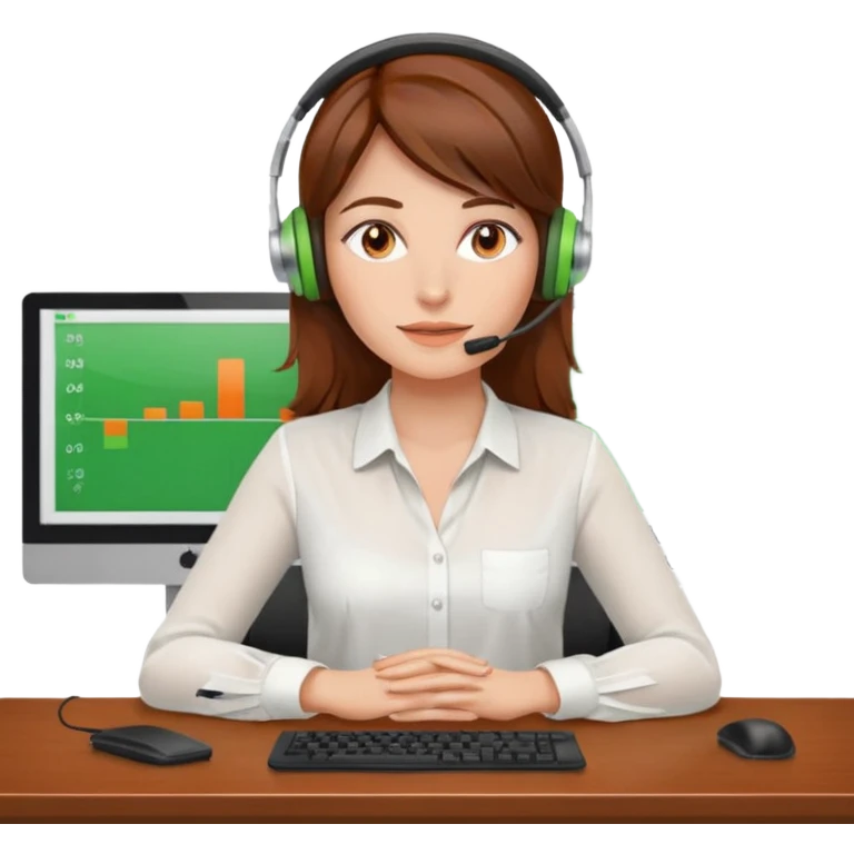 a woman, brown hair, middle european, sitting in the office, wearing a blouse and a headset. she is controling the limits on screen. green = ok, orange = am Limit, rot = überschritten emoji