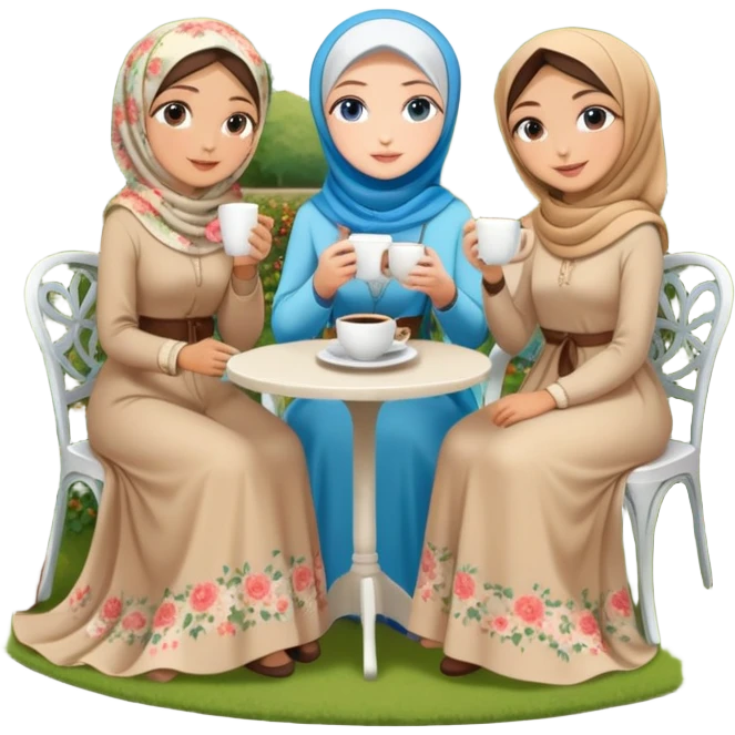 Turkish beautiful finish Konya girls blue eyes with Beautiful beige floral hijab long tail dress and the two friends in a lovely garden sits on the chair on the ground and holds cup coffe with her hand  emoji