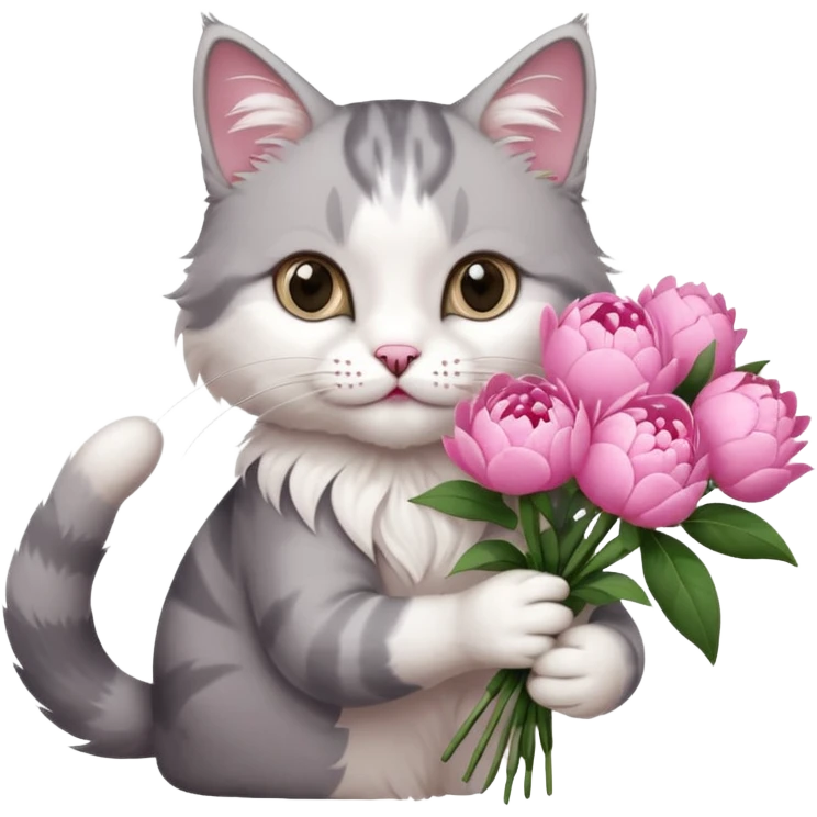 Cute cat Handing pink peonies like reaching a hand and handing them out a bouquet of them not a physical hand the cats hand  make the cat fluffy and grey and white fluffier make the cat wear a pink coquette make her wear a pink coquette make the peonies open and in boquette emoji