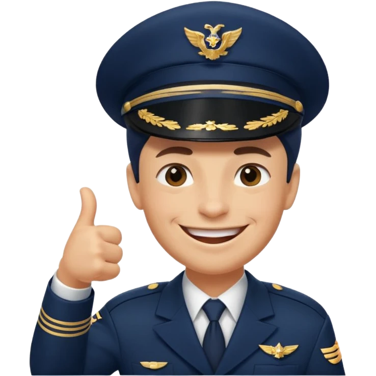 Slack-style emoji of a pilot wearing a slightly tilted navy captain hat, giving a thumbs-up, big cheerful smile, eyes closed or happy squint emoji