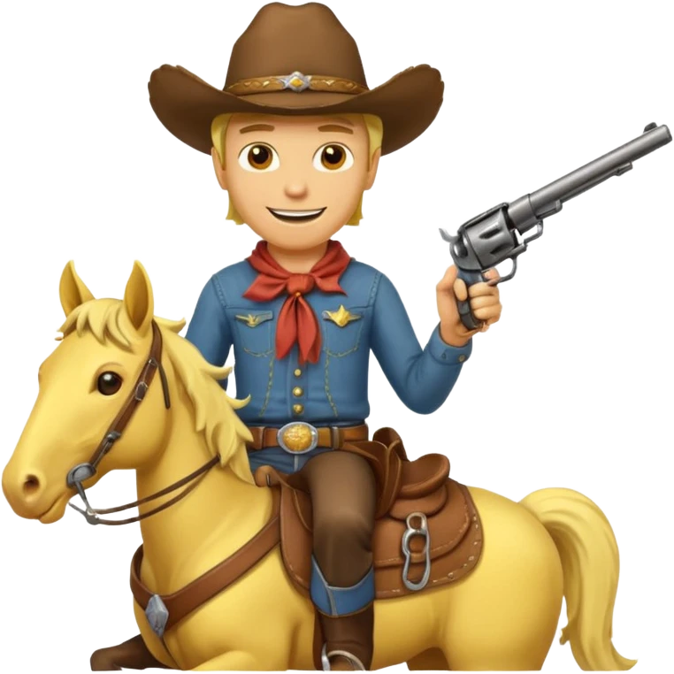Cowboy riding a horse with revolver. Cowboy With yellow skin and smilling. Simplize it and I need a full pic with horse. Like I need the leg part too emoji