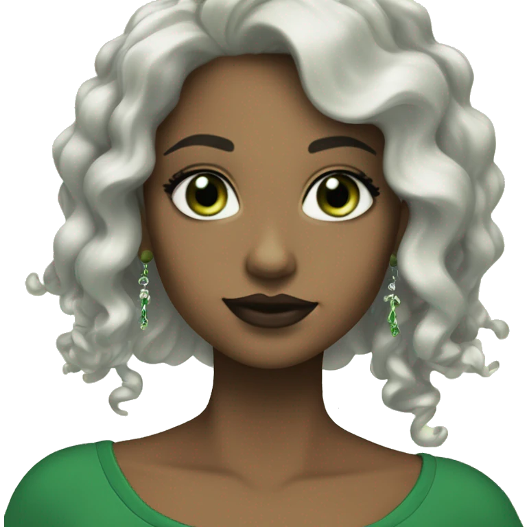 white with very green eyes and black long curly hair, and earrings, and green top, and mascara and lipstick emoji