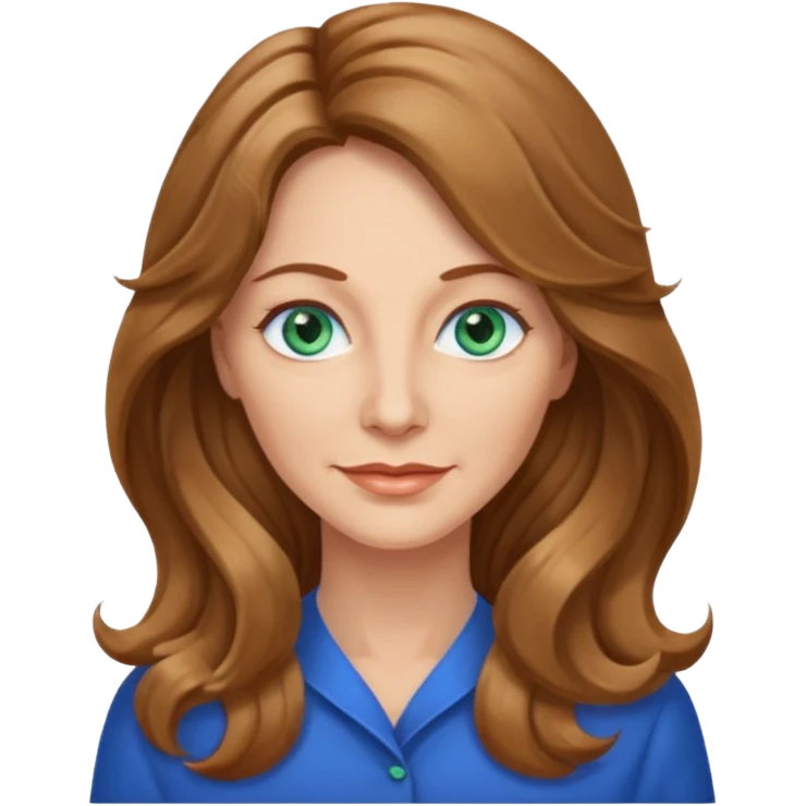 Woman 50 yrs light brown long wavy hair blue green eyes l emoji